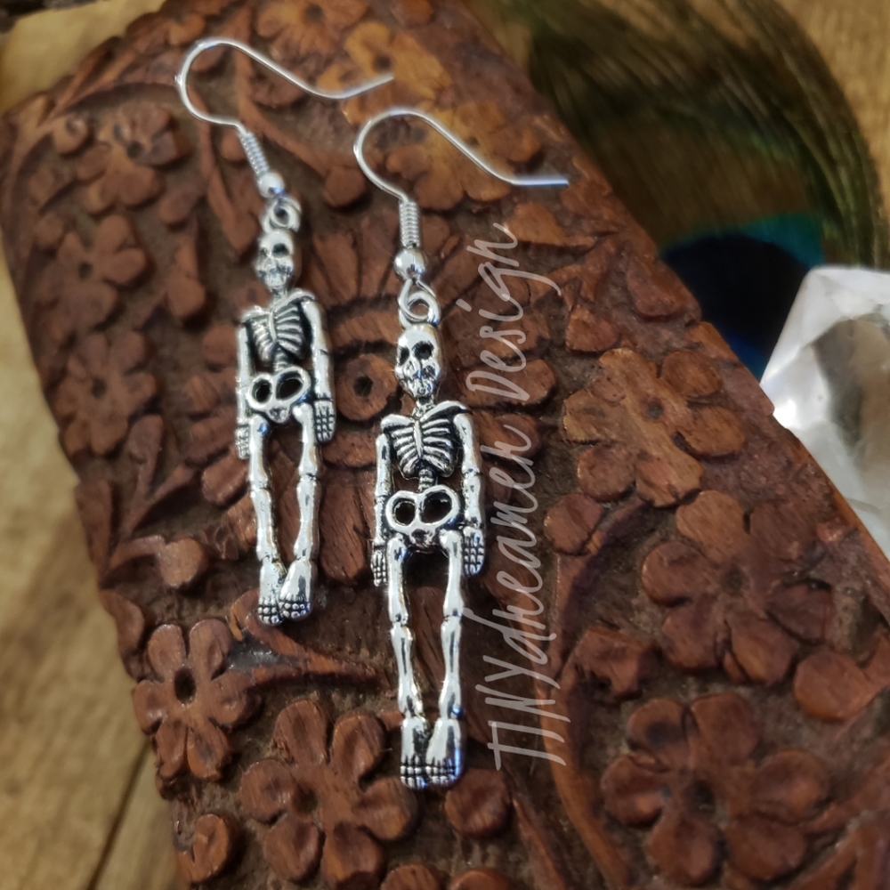 Silver Mr Skeleton earrings Halloween Earrings Horror Fan Bone Skull Goth Creepy